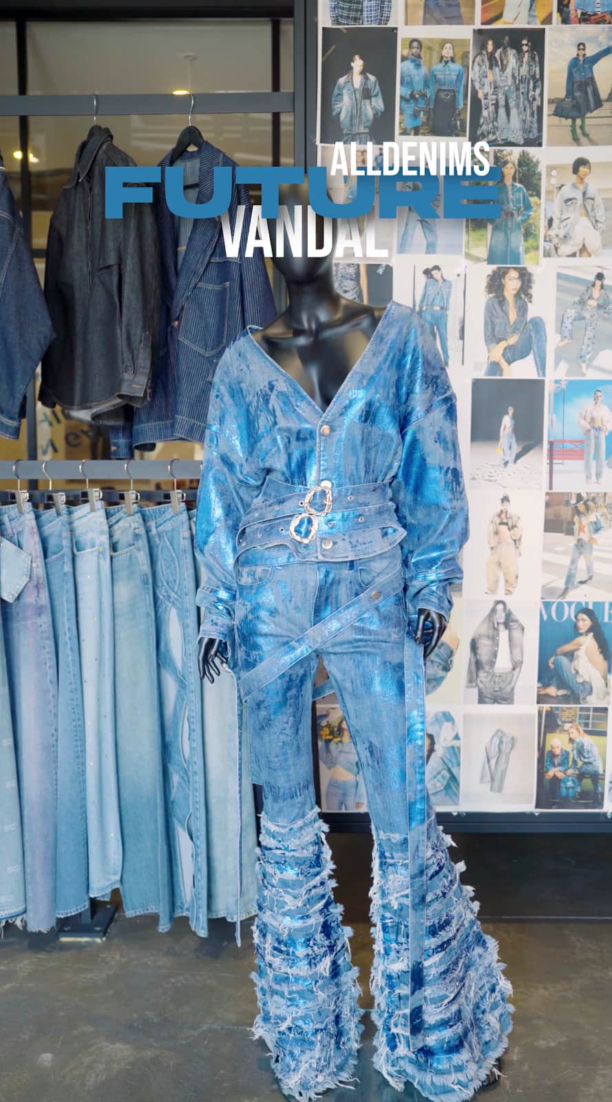 ALLDENIMS Future Vandal look — metallic light-blue denim set on a mannequin in the studio