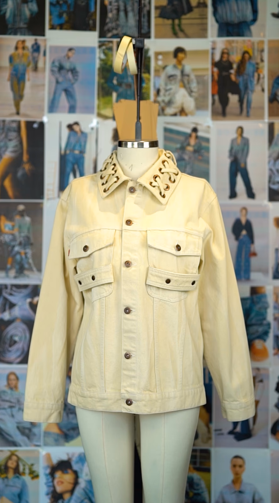 ALLDENIMS cream denim jacket with lace-up collar on a studio mannequin