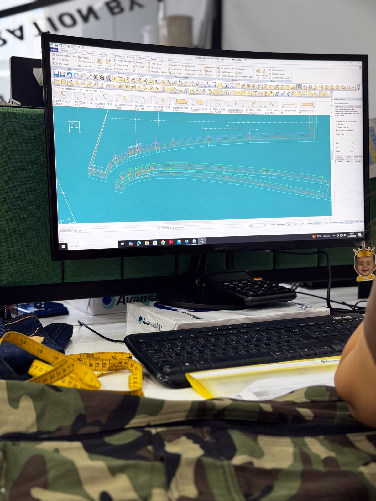 ALLDENIMS pattern CAD workstation with measuring tape and fabric samples