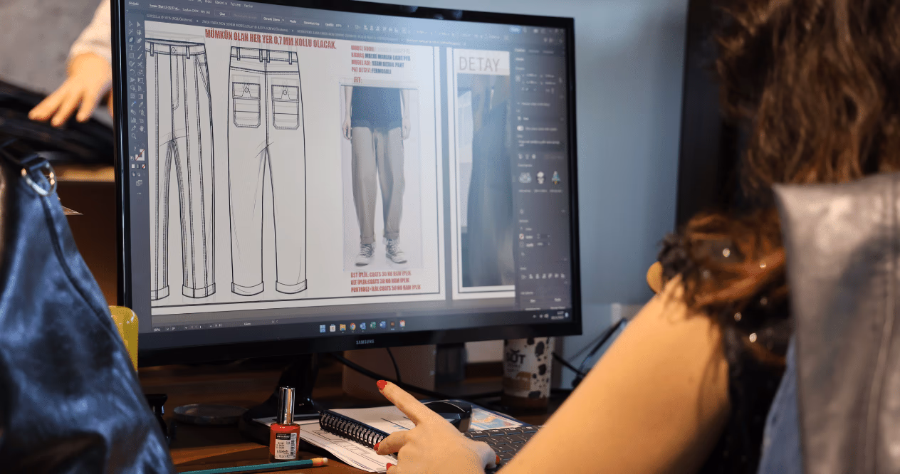ALLDENIMS designer working on a denim tech pack on screen