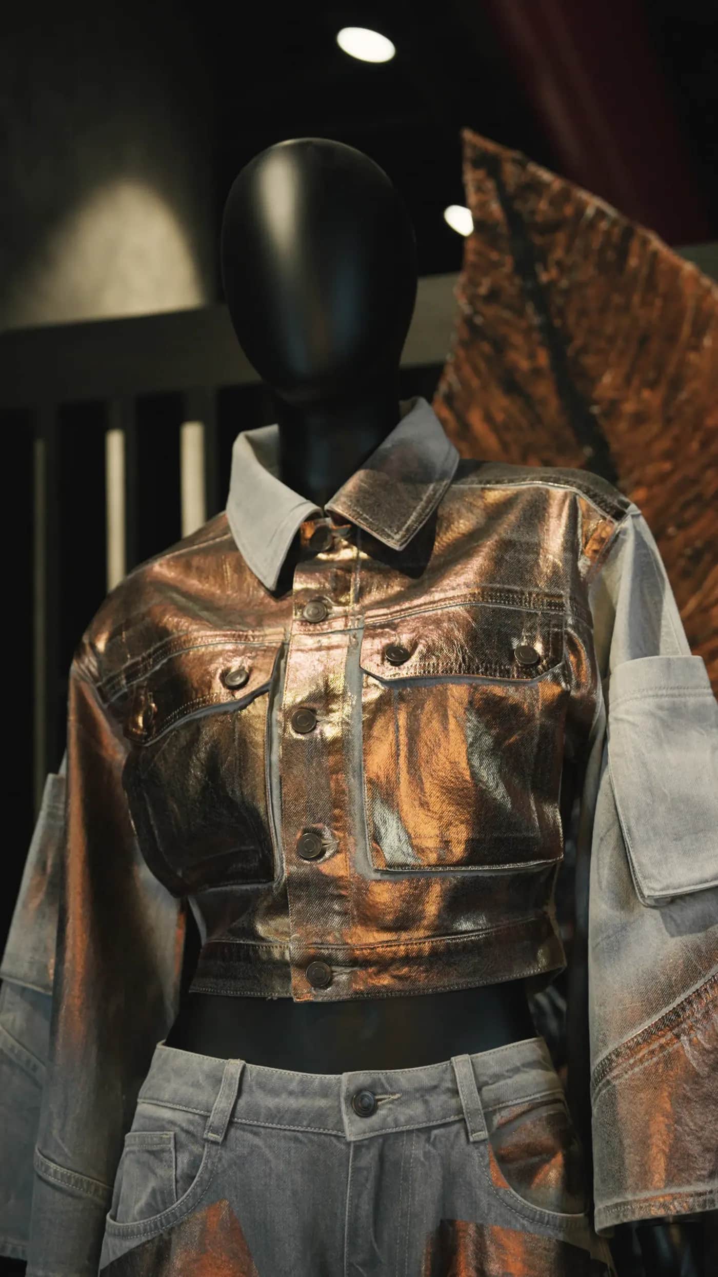 ALLDENIMS denim design piece on studio mannequin